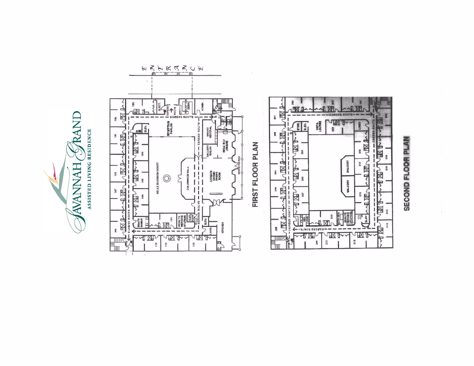 Black-and-white first and second floor architectural plans with the Savannah Grand assisted living logo on the left.