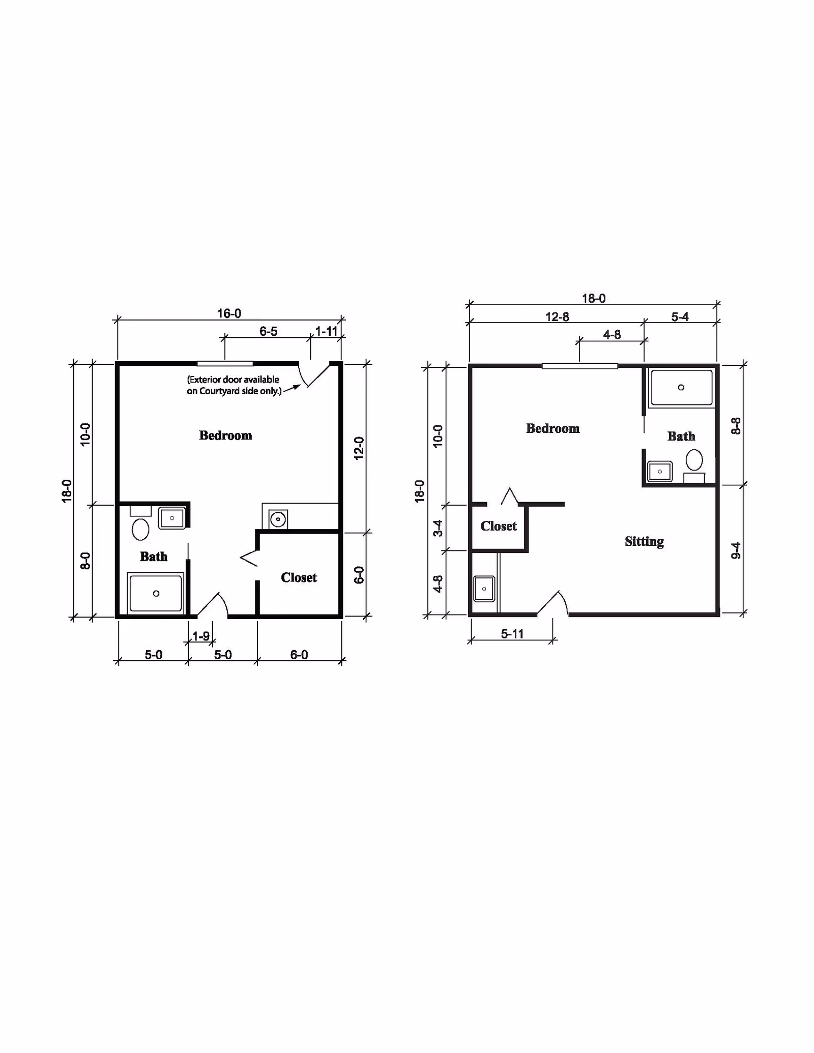 Architectural floor plan showing two different apartment layouts, each with a bedroom, bathroom, and closet. The left layout includes a bedroom with an exterior door available on the courtyard side, a bath with a toilet, sink, and bathtub, and a closet. The right layout includes a bedroom, a sitting area, a bath with a toilet, sink, and bathtub, and a closet. Dimensions for each room and wall are marked.