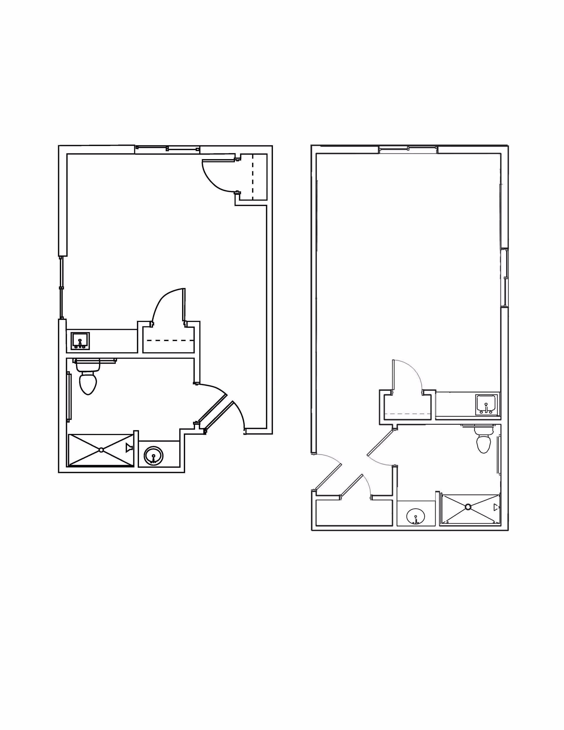 Architectural floor plan showing two separate apartment layouts, each with a bathroom including a shower, toilet, and sink, and an open living area with doors and windows.