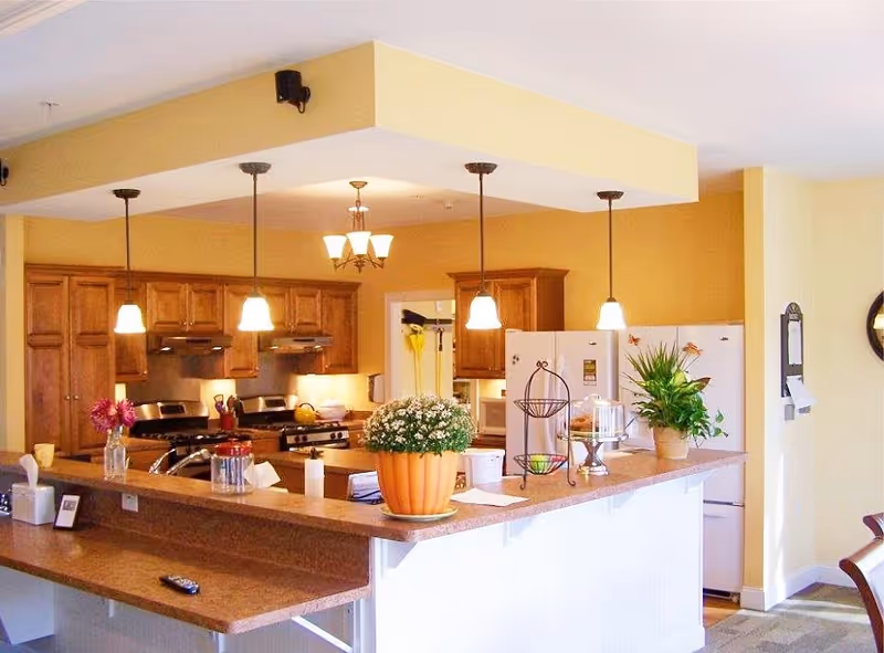 Open kitchen with a breakfast bar, pendant lights, wooden cabinets, potted plants, and appliances.