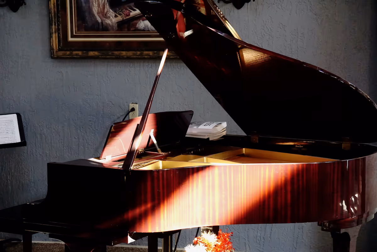 Sunlit grand piano with its lid open in a textured-wall interior beneath a framed painting.