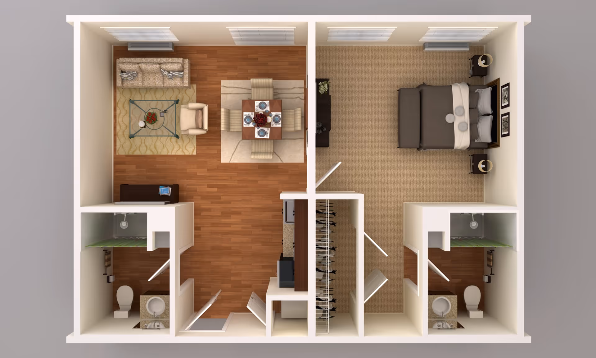 Top-down view of a senior living apartment floor plan featuring a living room with sofa, armchair, coffee table, and dining table with four chairs; a kitchen area; a bedroom with a double bed and two nightstands; two bathrooms each with a toilet, sink, and shower; and a walk-in closet between the bedroom and living area.