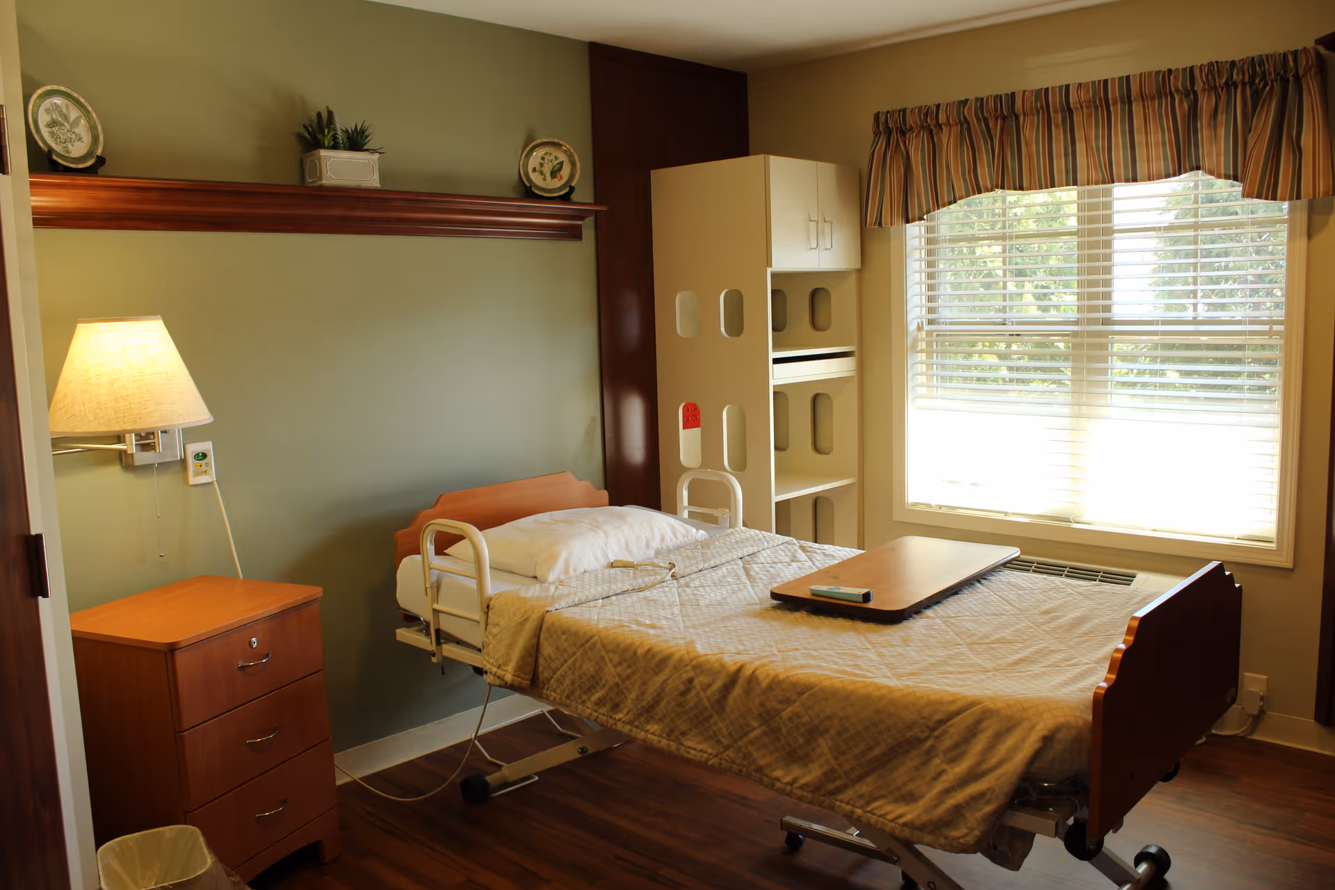 A single adjustable hospital-style bed in a well-lit residential bedroom with a bedside table, lamp, shelving, and a window.