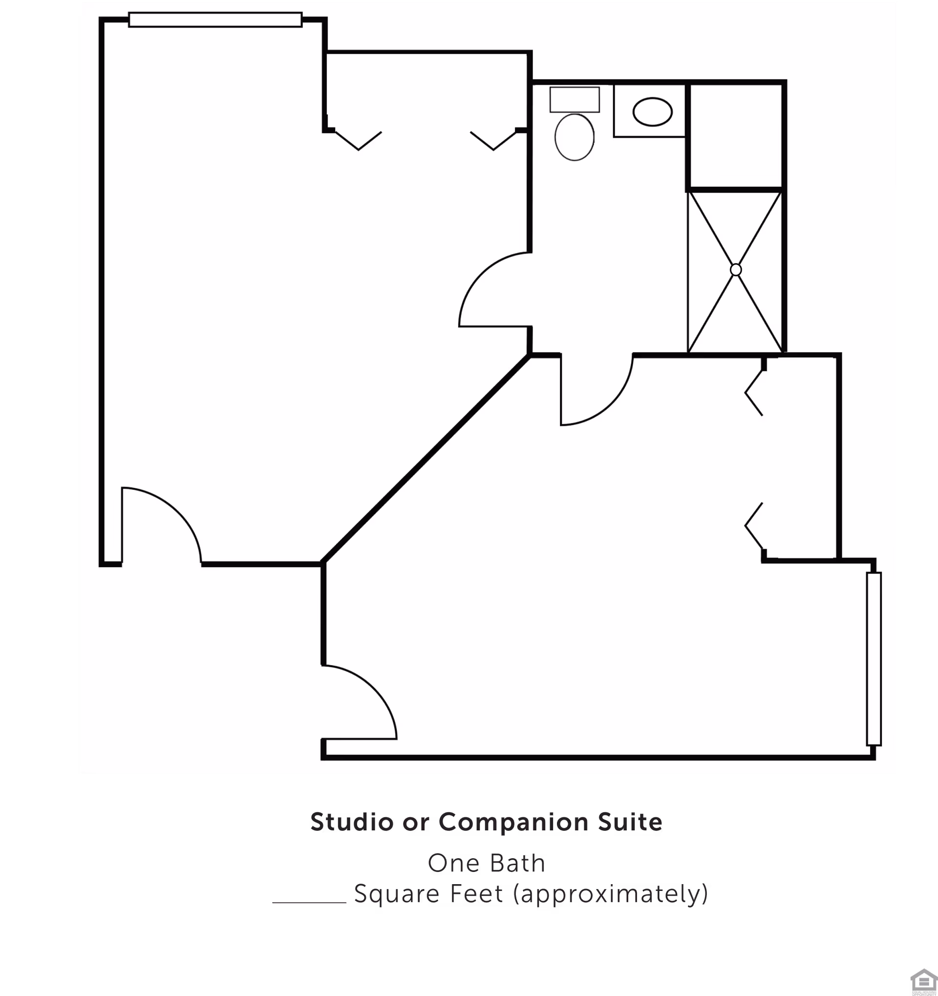 Floor plan layout of a studio or companion suite with one bathroom, showing separate areas for living/sleeping and a bathroom with a toilet, sink, and shower.