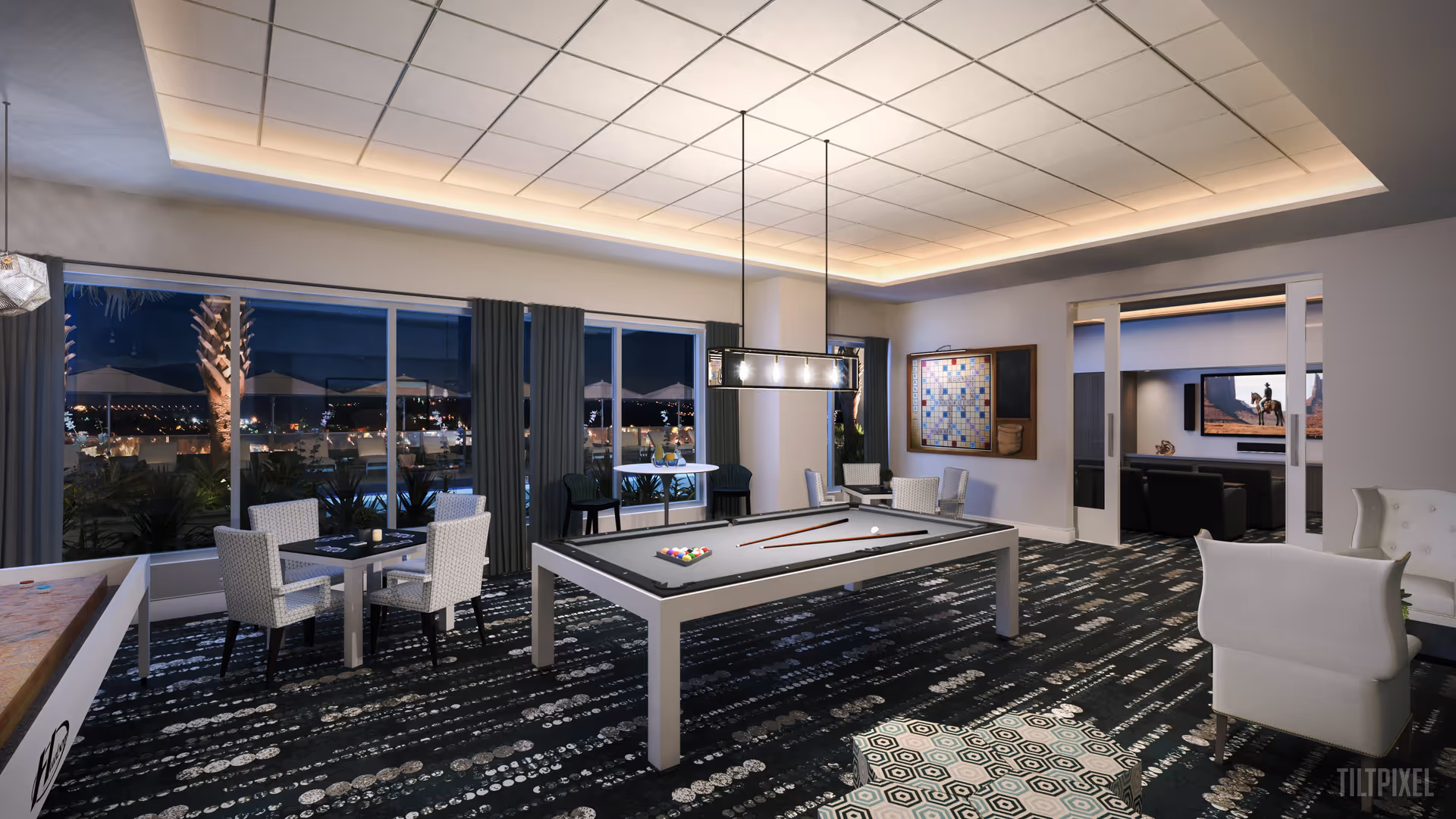 Modern interior lounge with a pool table, seating areas, and large windows showing a nighttime view.