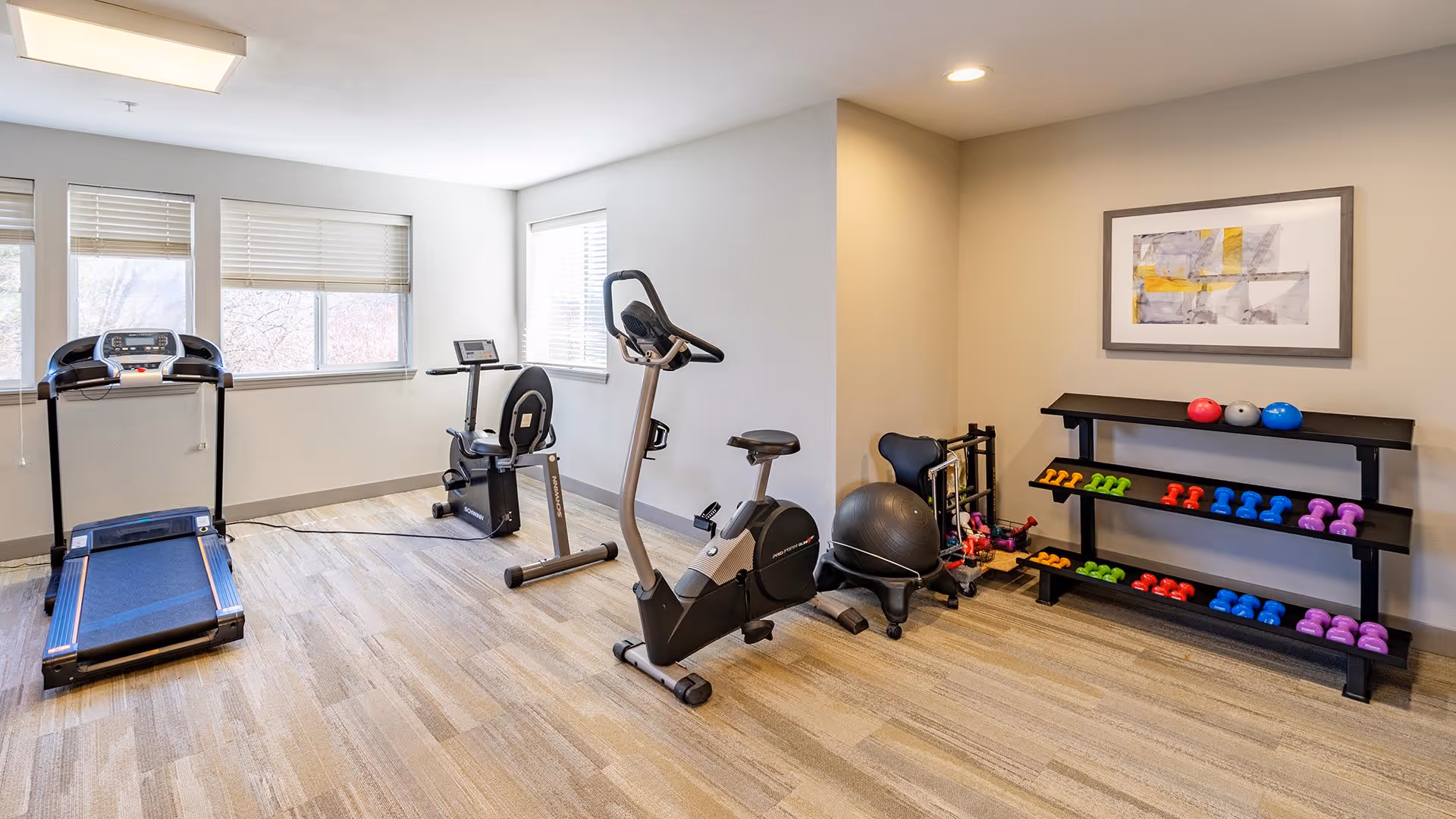 A small fitness room with exercise equipment including a treadmill, a recumbent bike, an upright stationary bike, a stability ball, and a rack of colorful dumbbells. The room has large windows with blinds, light-colored walls, and a framed abstract painting on the wall.