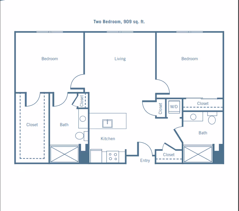 Blueprint-style floor plan of a two-bedroom, two-bath 909 sq. ft. apartment showing living room, kitchen, entry, closets, and washer/dryer.