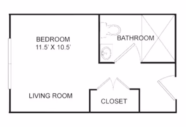 Black-and-white floor plan of a small apartment unit showing a bedroom (11.5' x 10.5'), living room, closet, and bathroom with fixtures.