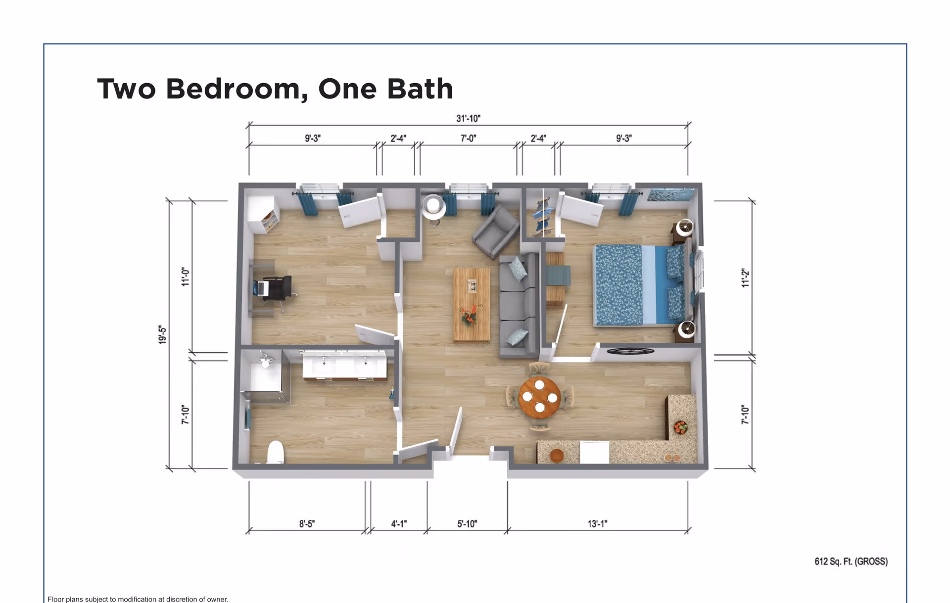 Floor plan of a two-bedroom, one-bath apartment showing layout with dimensions. The plan includes two bedrooms, a bathroom, a living room with sofa and chair, a dining area with round table and four chairs, and a kitchen with counter space. The total area is 612 square feet.