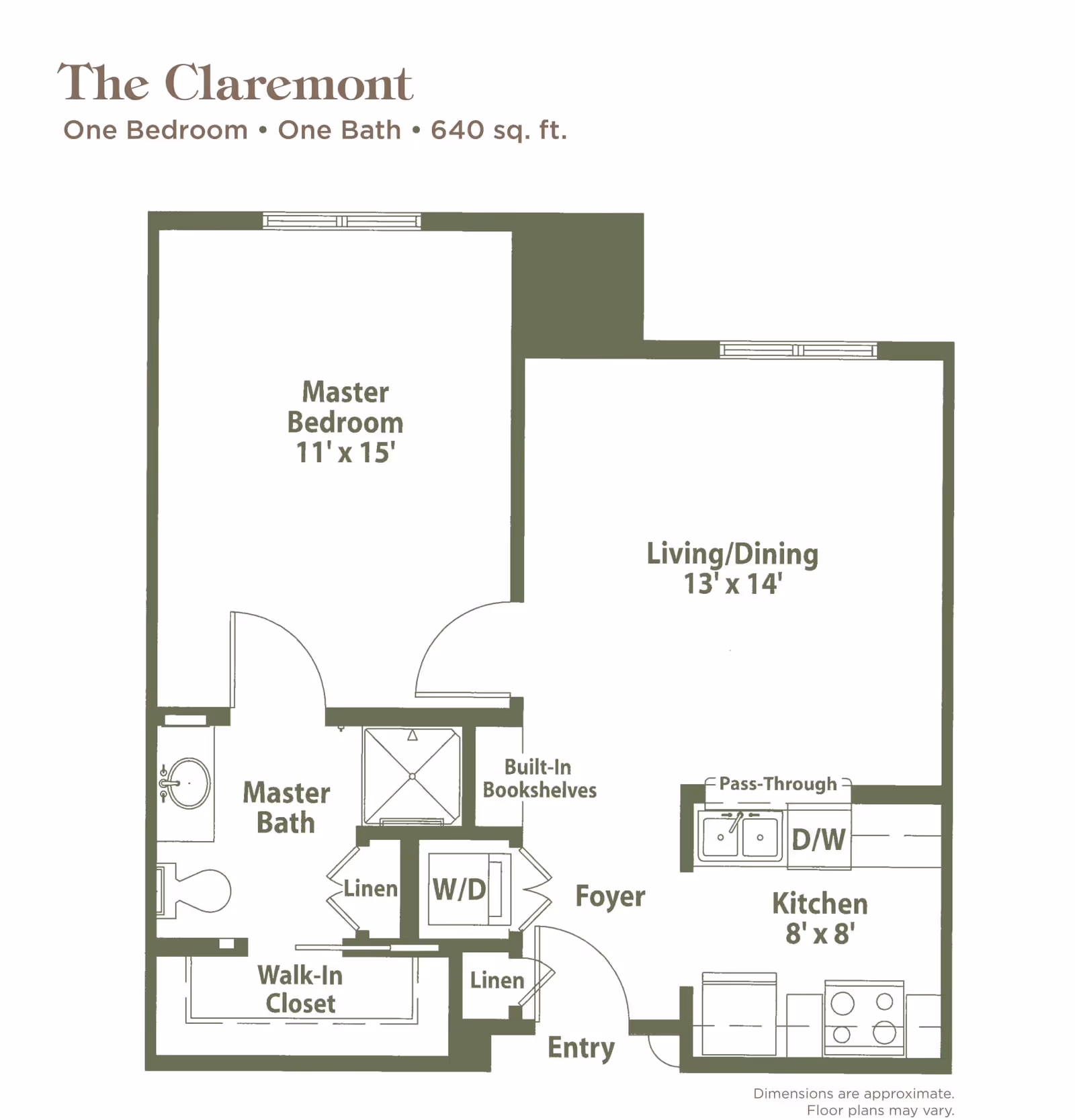 Floor plan of The Claremont, a one-bedroom, one-bath apartment with 640 square feet. It includes a master bedroom measuring 11 by 15 feet, a master bath, a walk-in closet, built-in bookshelves, a living/dining area measuring 13 by 14 feet, a kitchen measuring 8 by 8 feet with a dishwasher and pass-through, a foyer, entry, linen closets, and a washer/dryer area.