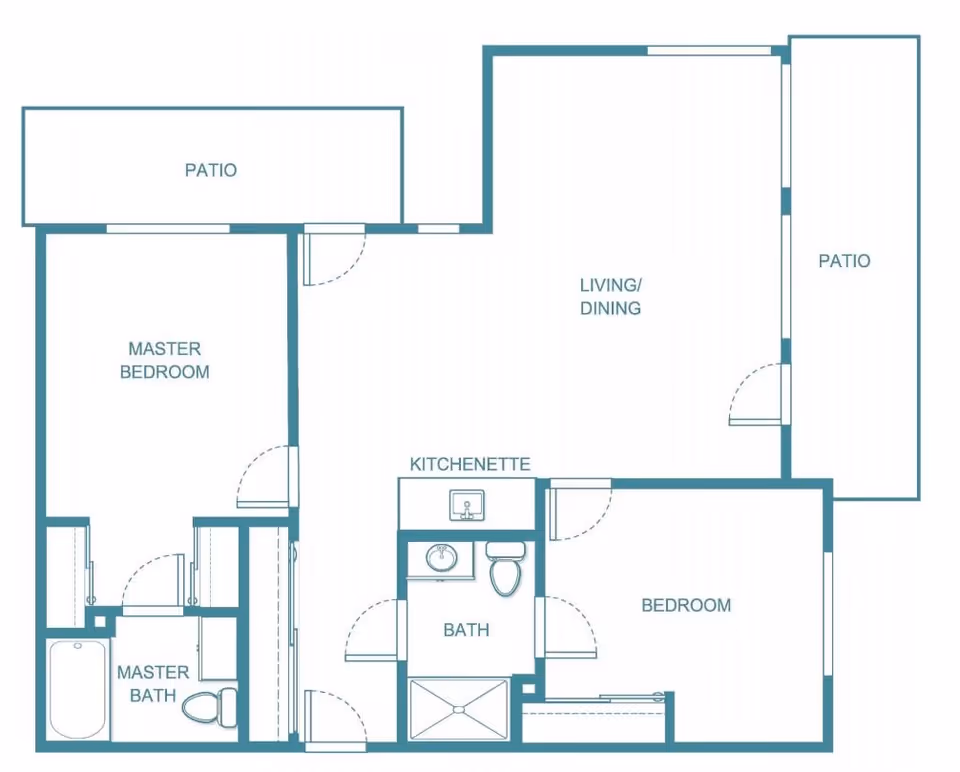 Floor plan of a residential unit at Holiday Bluebird Estates showing a master bedroom with attached master bath, a second bedroom, a bath, kitchenette, living/dining area, and two patios.