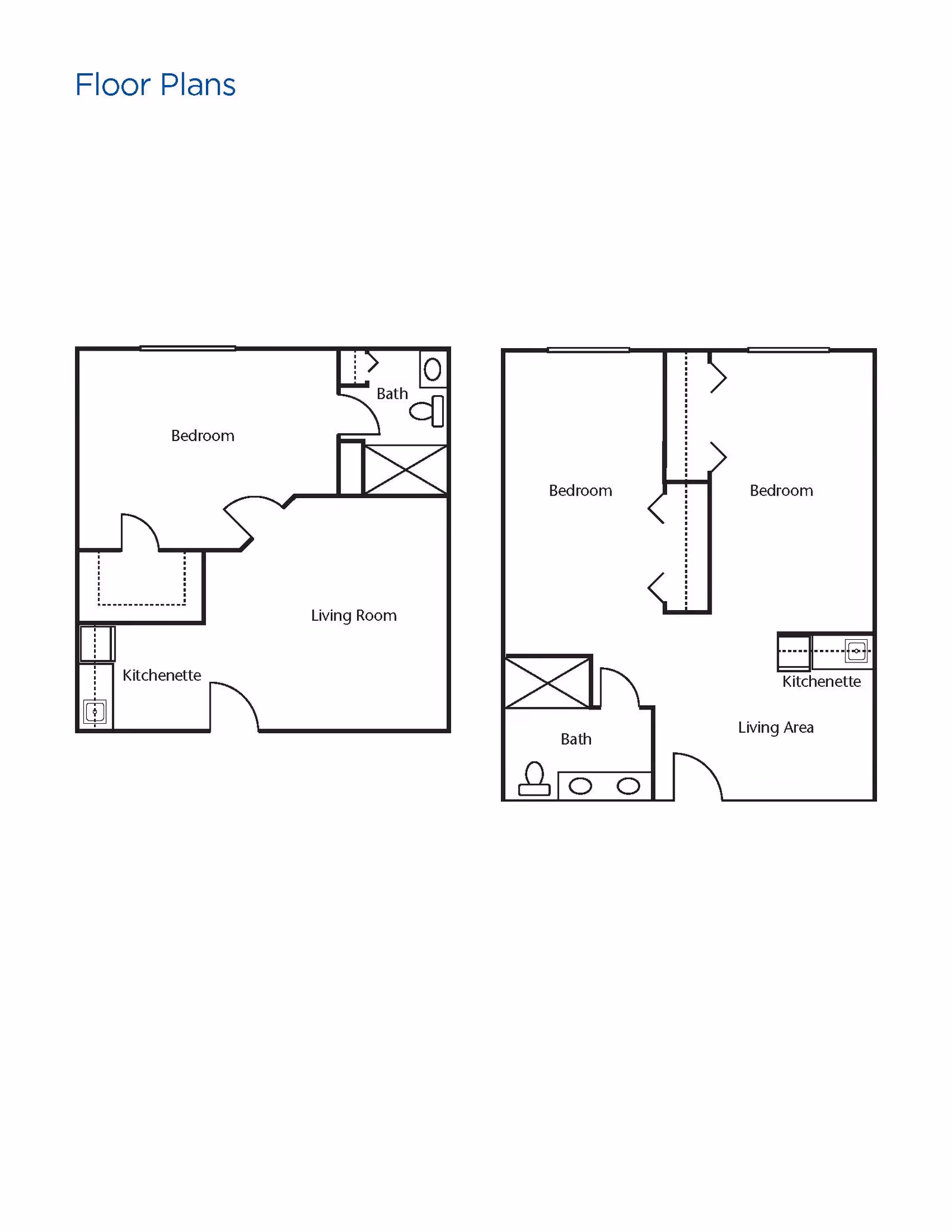 Two black and white floor plans showing layouts with bedrooms, bathrooms, living rooms, and kitchenettes. The left floor plan has one bedroom, one bath, a living room, and a kitchenette. The right floor plan has two bedrooms, one bath, a living area, and a kitchenette.