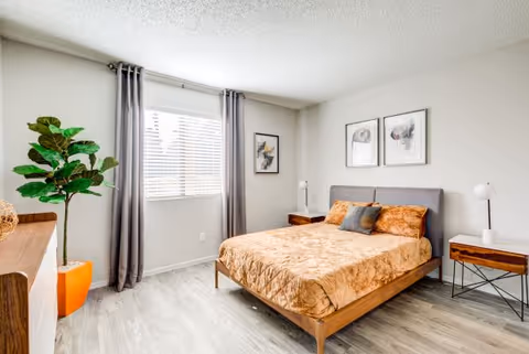 Bright bedroom with a bed, two bedside tables, artwork above the headboard, a large window with gray curtains, and a potted plant.