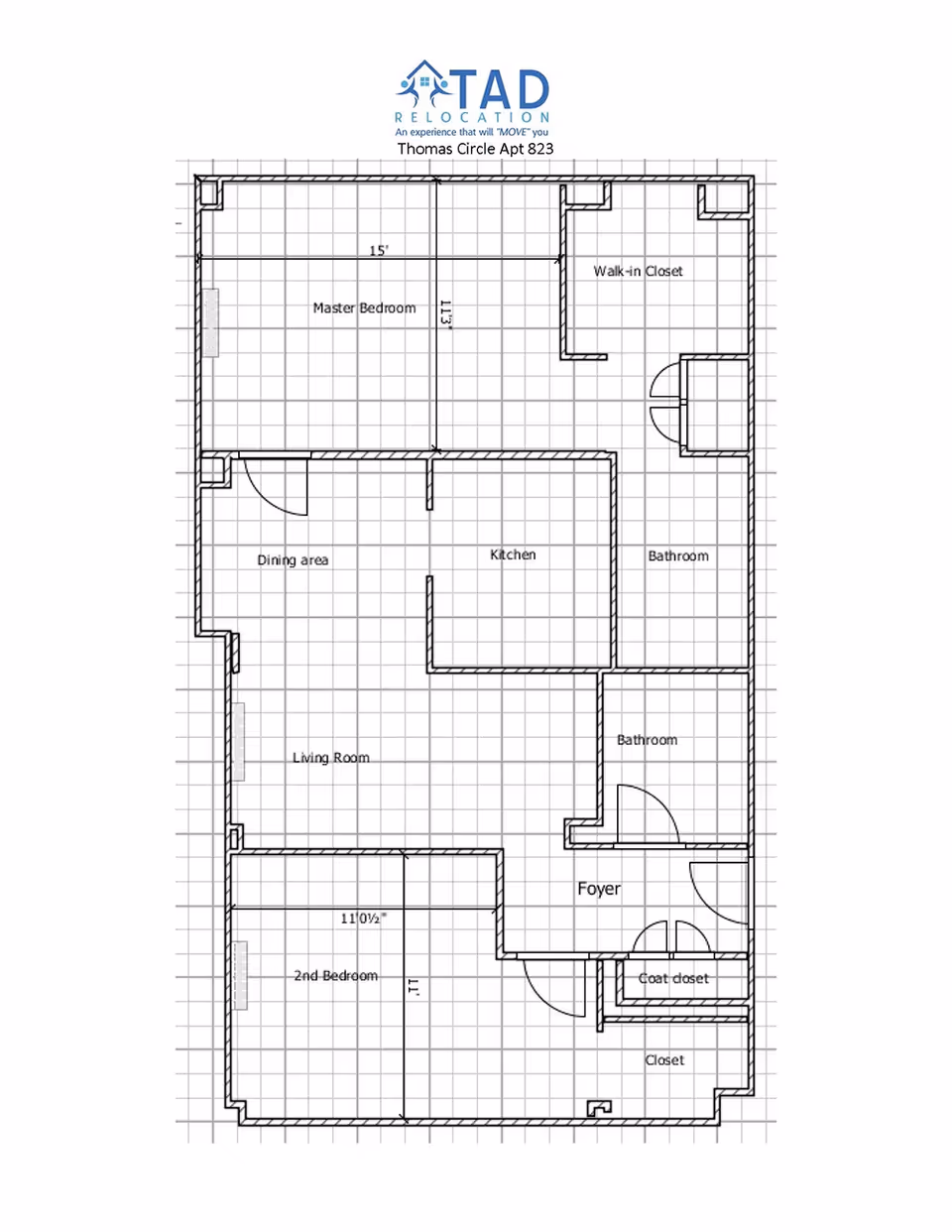 Architectural floor plan of an apartment labeled Thomas Circle Apt 823, showing rooms including master bedroom with walk-in closet, second bedroom, living room, dining area, kitchen, two bathrooms, foyer, coat closet, and closet.
