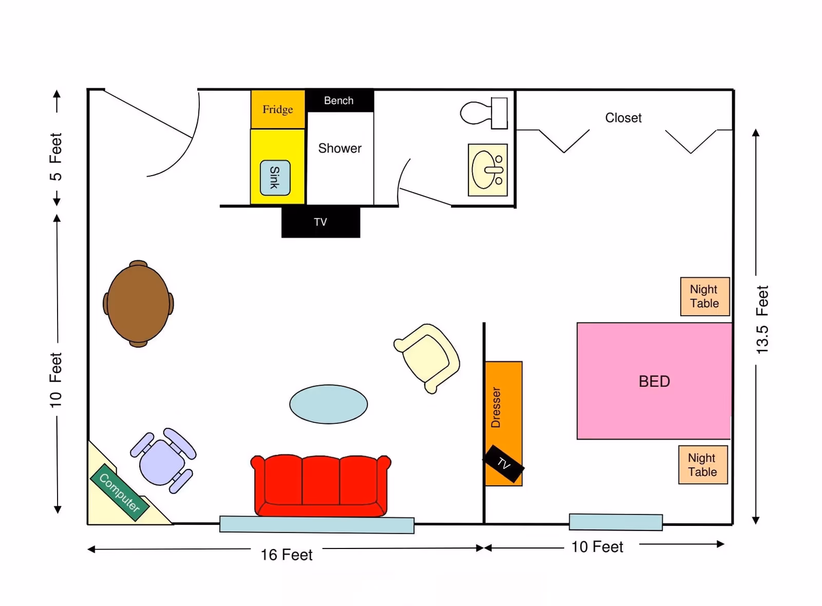 Floor plan of a living space at Savannah Grand of Sarasota showing a bedroom with a bed and two night tables, a closet, a bathroom with a toilet and sink, a shower area with a bench, a small kitchen area with a fridge and sink, a living room area with a red sofa, chair, coffee table, TV, dresser, dining table with chairs, and a computer desk. Dimensions are marked in feet.