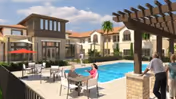 Outdoor pool area at a senior living facility with tables and chairs around the pool. Two people are near the pool, one sitting at a table and another standing by a pergola. The building with multiple windows and balconies surrounds the pool area under a partly cloudy sky.