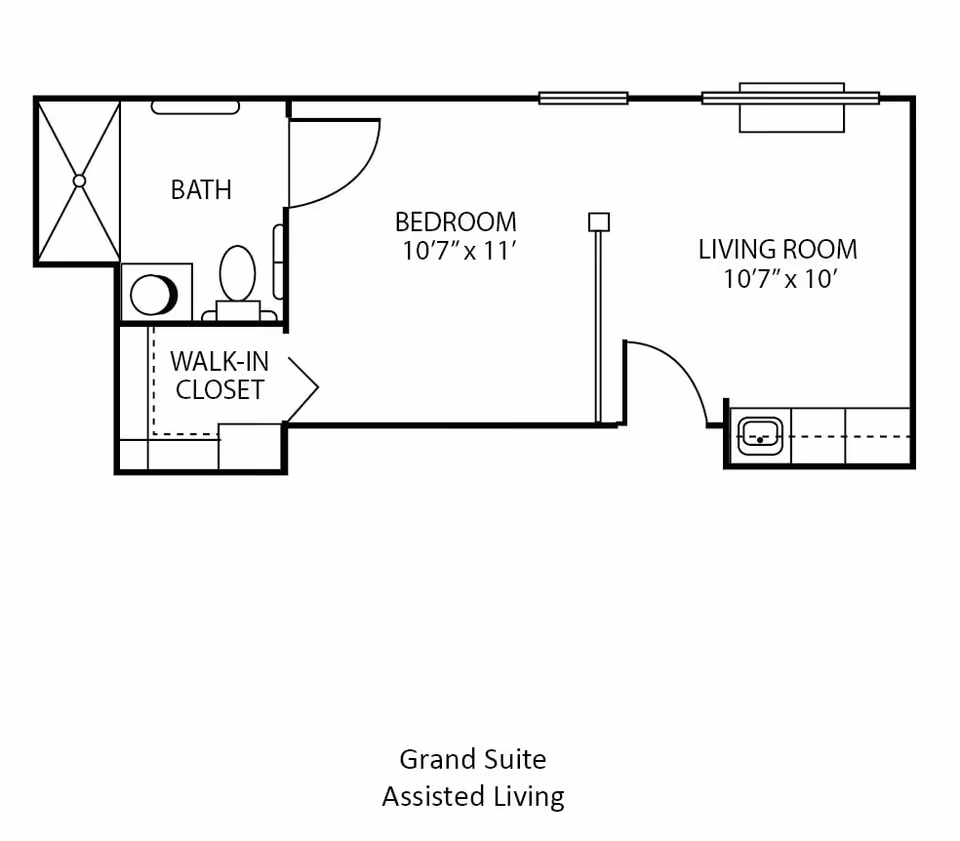 Floor plan of a Grand Suite Assisted Living unit at Autumn Glen, showing a bedroom measuring 10 feet 7 inches by 11 feet, a living room measuring 10 feet 7 inches by 10 feet, a bathroom with a shower, toilet, and sink, and a walk-in closet.