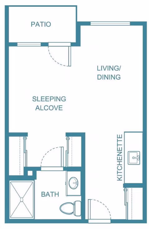 Floor plan of a studio apartment showing a patio, living/dining area, sleeping alcove, kitchenette, and a bathroom.