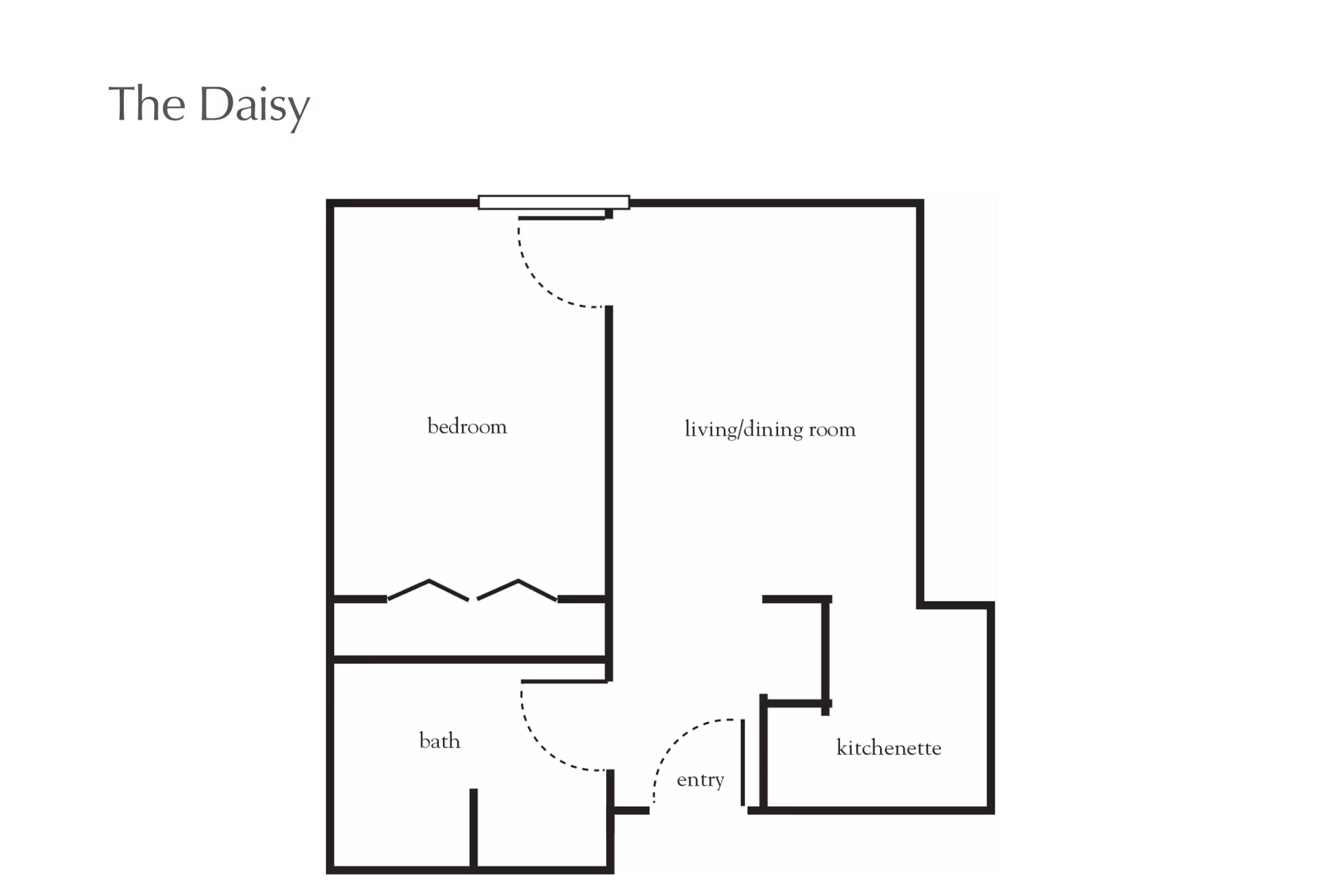 Black-and-white floor plan titled 'The Daisy' showing a one-bedroom layout with living/dining room, bedroom, bath, kitchenette, and entry.