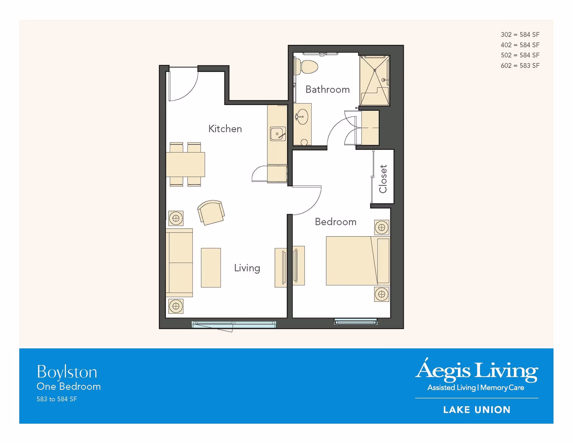 Floor plan of a one-bedroom apartment named Boylston at Aegis Living Lake Union, showing a kitchen with dining table, living area with sofa and chair, bedroom with bed and nightstands, bathroom with shower, toilet and sink, and a closet.