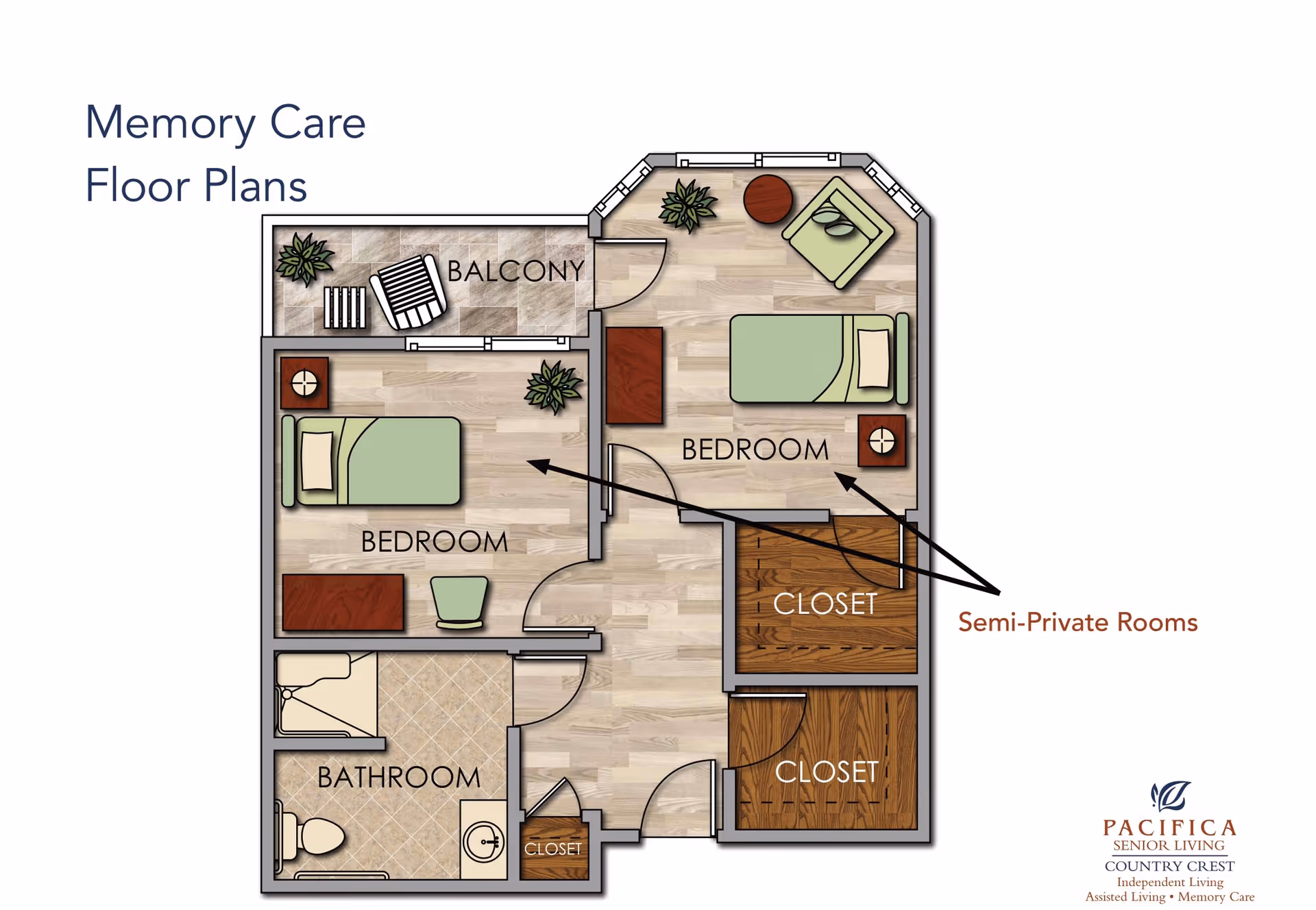 Floor plan for memory care semi-private rooms at Country Crest Senior Living, showing two bedrooms, a bathroom, closets, and a balcony.