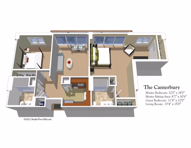 3D floor plan of The Canterbury apartment showing a master bedroom, master sitting area, guest bedroom, living room, kitchen, and bathrooms with furniture layout and room dimensions.