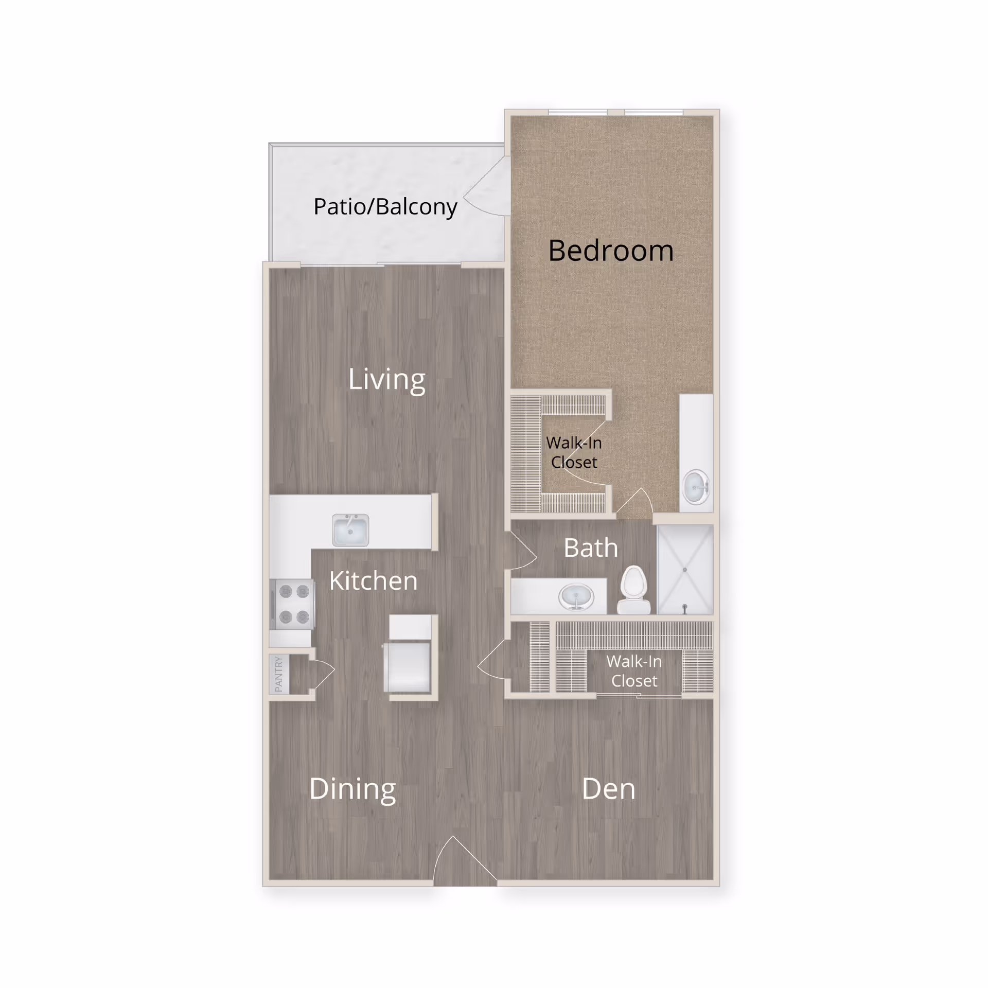 Floor plan of a senior living apartment showing a bedroom with walk-in closet, bathroom, den with walk-in closet, dining area, kitchen with pantry, living area, and a patio/balcony.