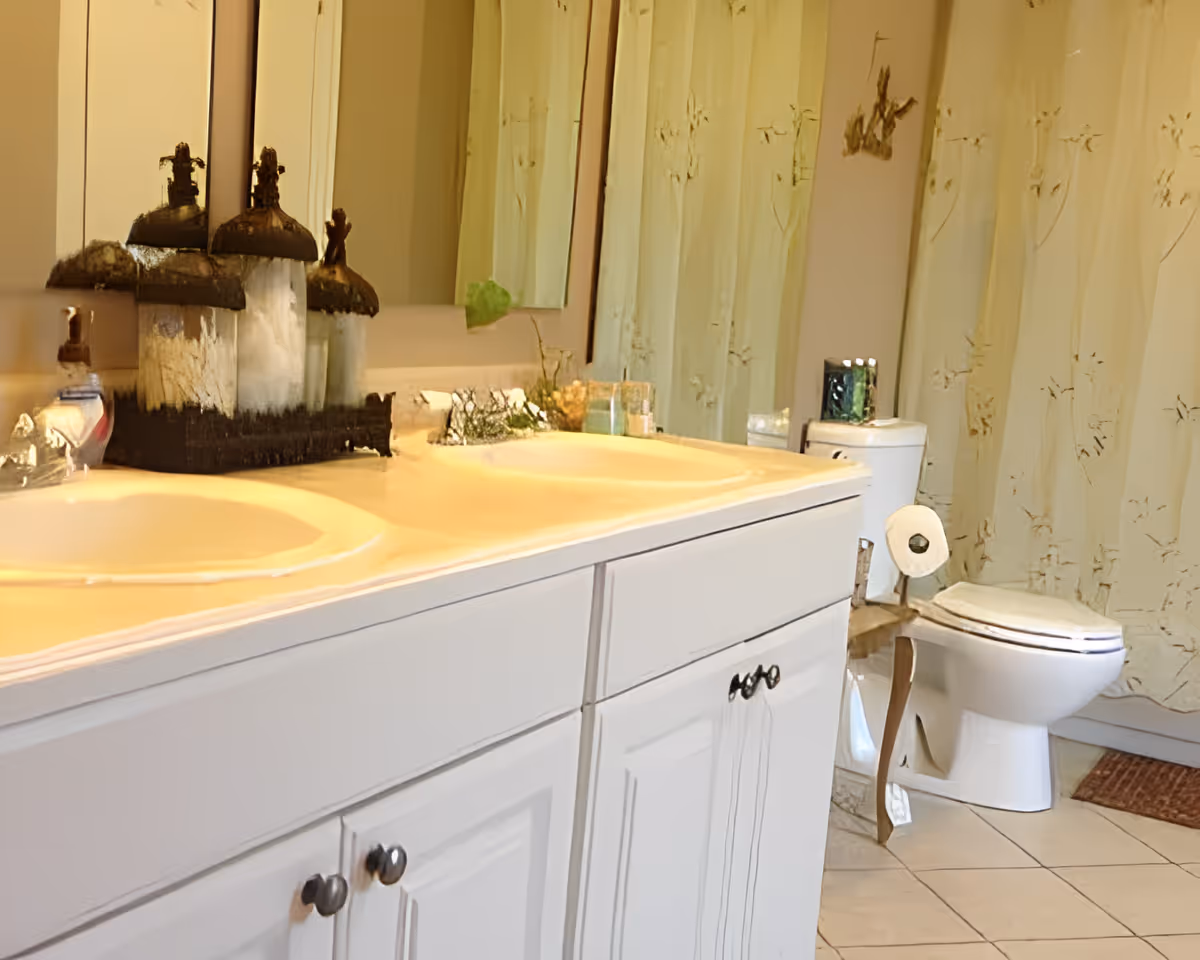 A bathroom with a white double sink vanity, two mirrors above the sinks, a soap dispenser, decorative items on the counter, a toilet with a roll of toilet paper on a holder, and a shower curtain with a floral pattern.