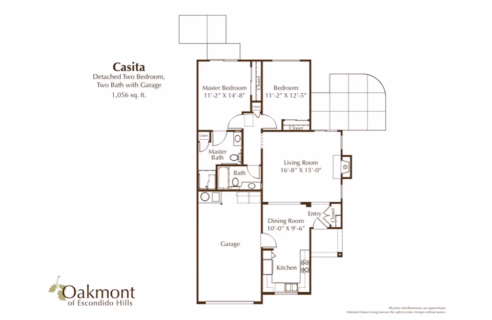 Floor plan of Casita, a detached two-bedroom, two-bath home with a garage, totaling 1,056 square feet. The layout includes a master bedroom with master bath, a second bedroom, a living room, dining room, kitchen, an additional bath, and a garage. The entry is near the dining room and kitchen. The image includes the Oakmont of Escondido Hills logo.