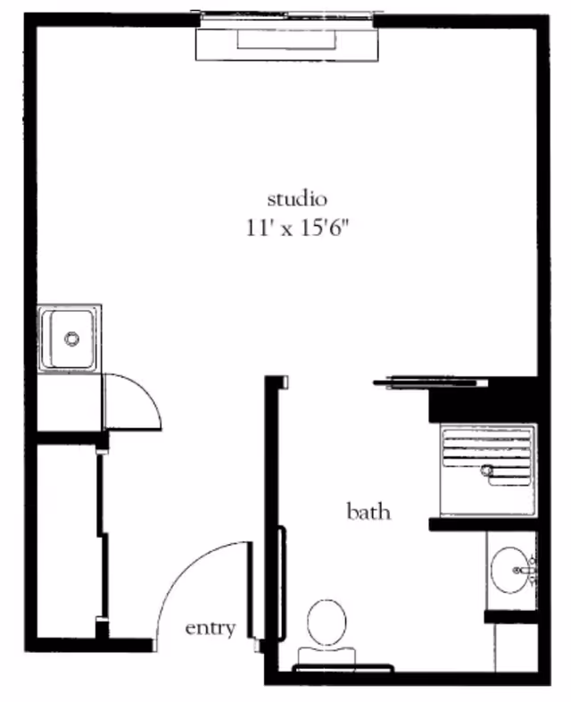 Black and white architectural floor plan of a studio apartment measuring 11 feet by 15 feet 6 inches, showing an entry area, a combined studio living space, and a separate bathroom with a toilet, sink, and shower.