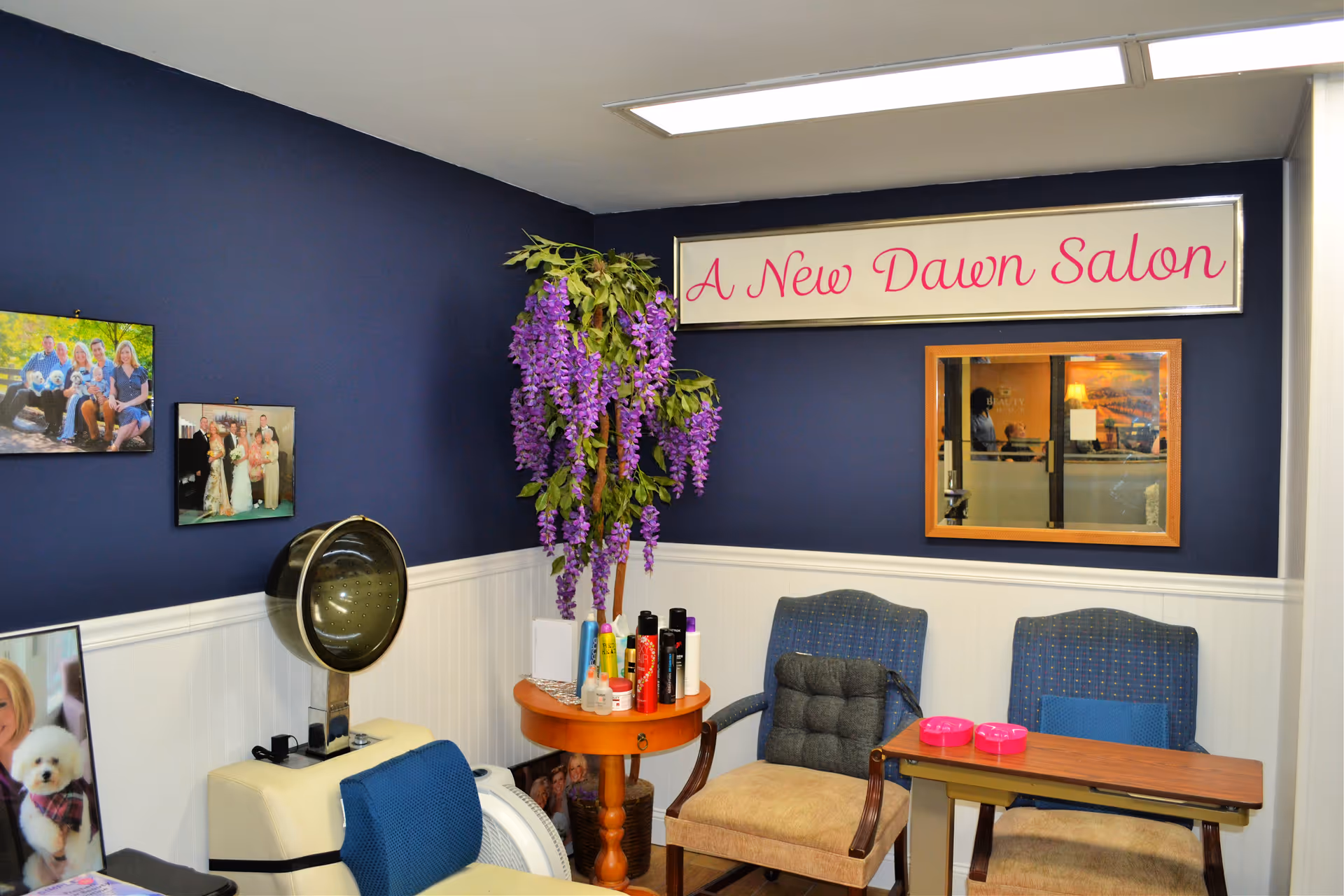 Interior view of a salon named 'A New Dawn Salon' with navy blue walls and white wainscoting. The room contains salon chairs, a hair dryer, a small round table with hair products, a purple flowering plant, framed photos on the wall, and a mirror reflecting part of the salon.