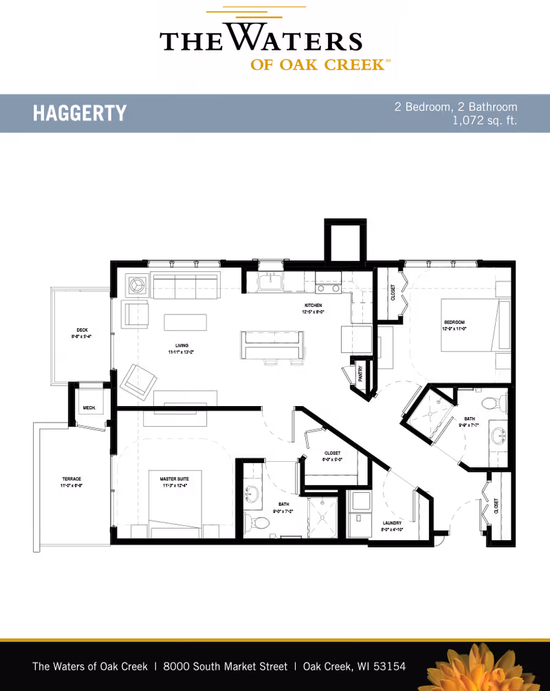Floor plan layout of a 2 bedroom, 2 bathroom apartment named Haggerty at The Waters of Oak Creek, showing labeled areas including living room, kitchen, master suite, bedroom, bathrooms, laundry, closets, deck, and terrace.