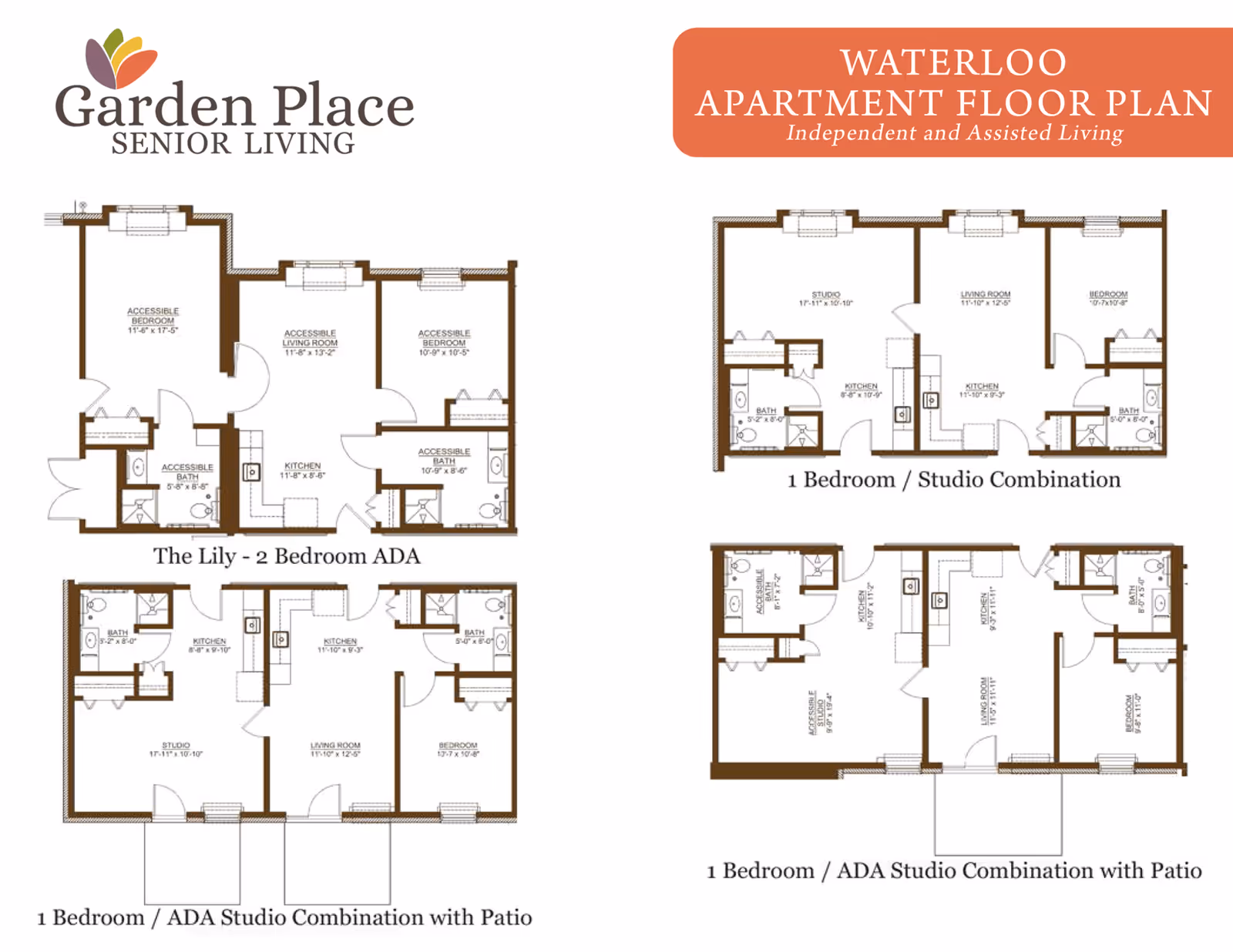 Floor plans for Garden Place Senior Living in Waterloo showing layouts for The Lily - 2 Bedroom ADA, 1 Bedroom / ADA Studio Combination with Patio, 1 Bedroom / Studio Combination, and 1 Bedroom / ADA Studio Combination with Patio. Each plan includes labeled rooms such as accessible bedrooms, living rooms, kitchens, bathrooms, studios, and patios.