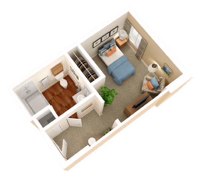 3D floor plan of a small assisted living apartment featuring a bedroom with a bed, nightstand, armchair, lamp, and TV on a stand. The apartment also includes a bathroom with a shower, toilet, and sink, a closet, and an entryway.