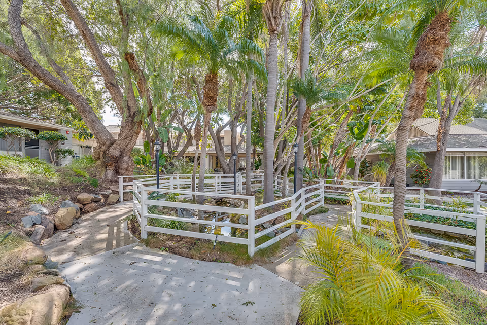 Landscaped outdoor courtyard with palm trees, white wooden railings, and paved walkways between single-story buildings.