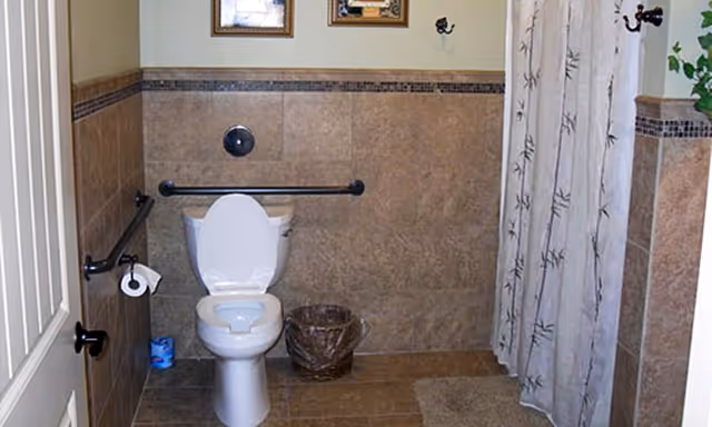 A bathroom with a white toilet that has a grab bar on the wall behind it and another grab bar on the left wall with a toilet paper holder. There is a small trash can next to the toilet and a shower with a curtain on the right side. The walls and floor are tiled in brown tones, and there are two framed pictures hanging on the wall above the toilet.