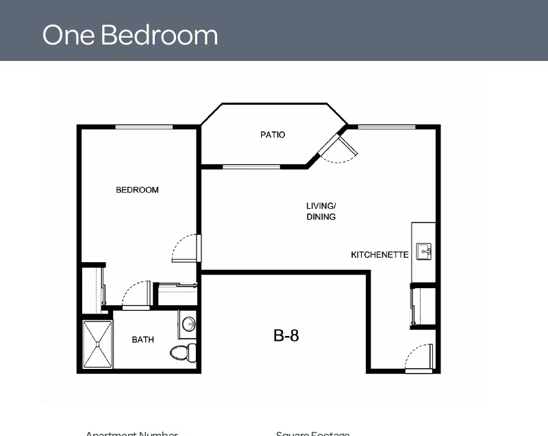 Floor plan of a one-bedroom apartment at Holiday Thornton Place, showing a bedroom, bathroom, living/dining area, kitchenette, and a patio.