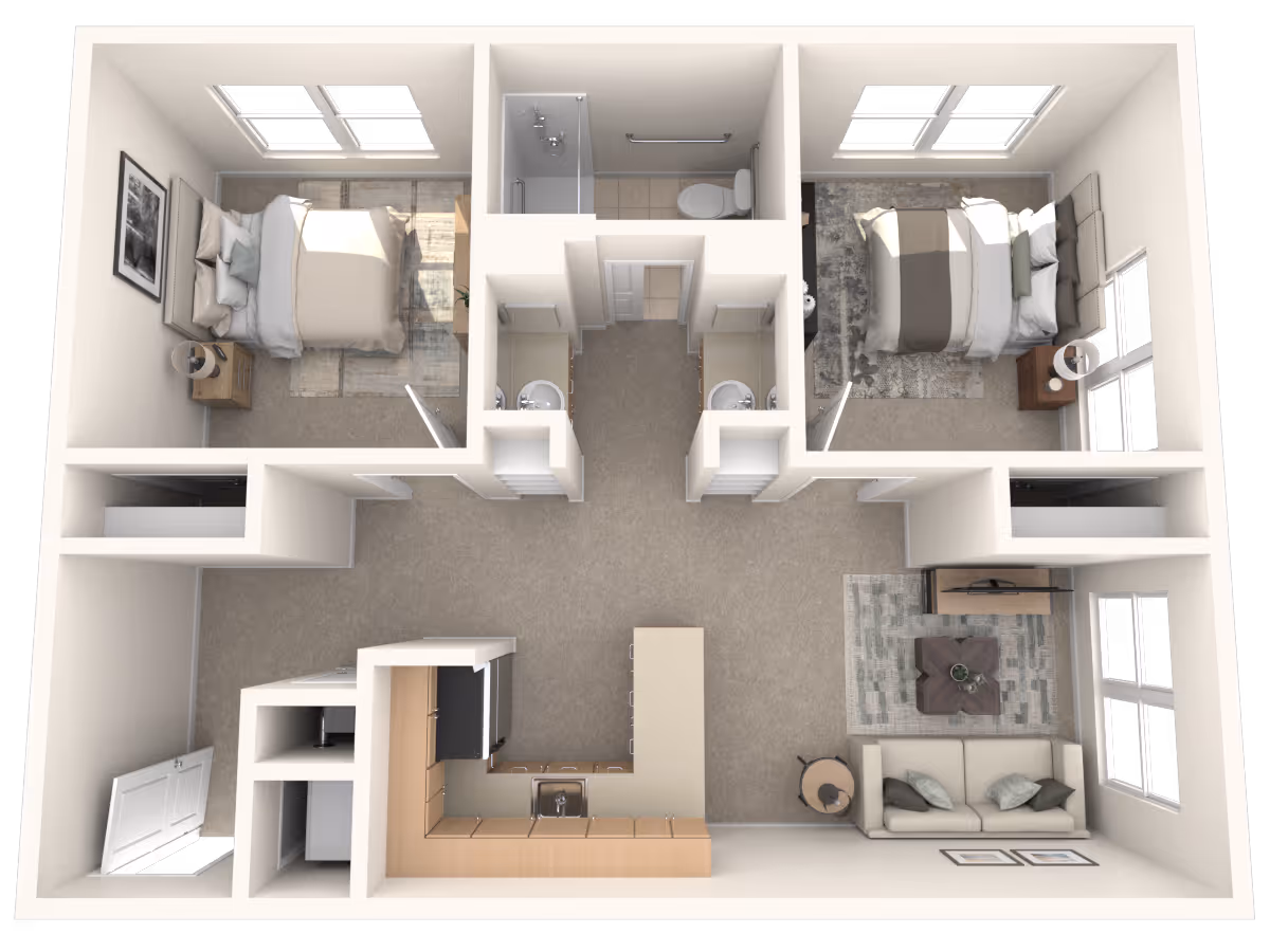 3D floor plan of an assisted living unit featuring two bedrooms, a shared bathroom with a shower and toilet, a kitchen with an island and appliances, and a living room with a sofa, coffee table, and TV. Each bedroom has a bed, nightstand, and windows.