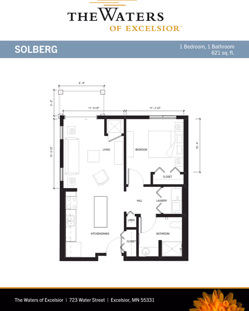 Floor plan layout of a one-bedroom, one-bathroom apartment named Solberg at The Waters of Excelsior, showing dimensions and labeled areas including living room, bedroom, kitchen/dining, hall, laundry, bathroom, linen closet, and additional closets.