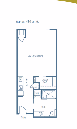 Floor plan of a studio apartment approximately 490 square feet, showing an entry leading to a kitchen area on the left, a combined living and sleeping area, a bathroom with a toilet and sink, a closet labeled R&S, and a washer/dryer unit.