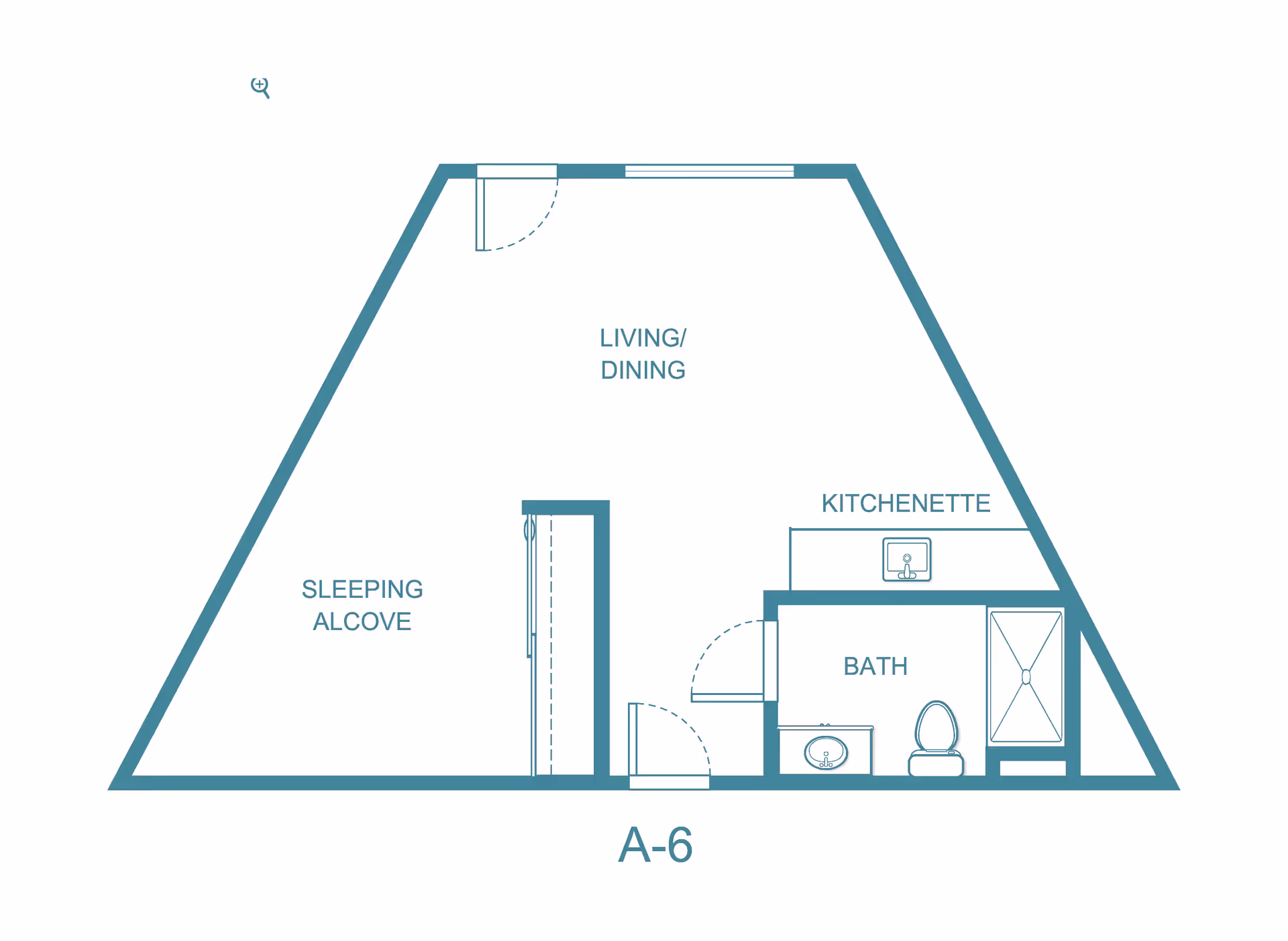 Floor plan labeled A-6 showing a layout with a sleeping alcove, living/dining area, kitchenette, and bathroom including a sink, toilet, and shower.