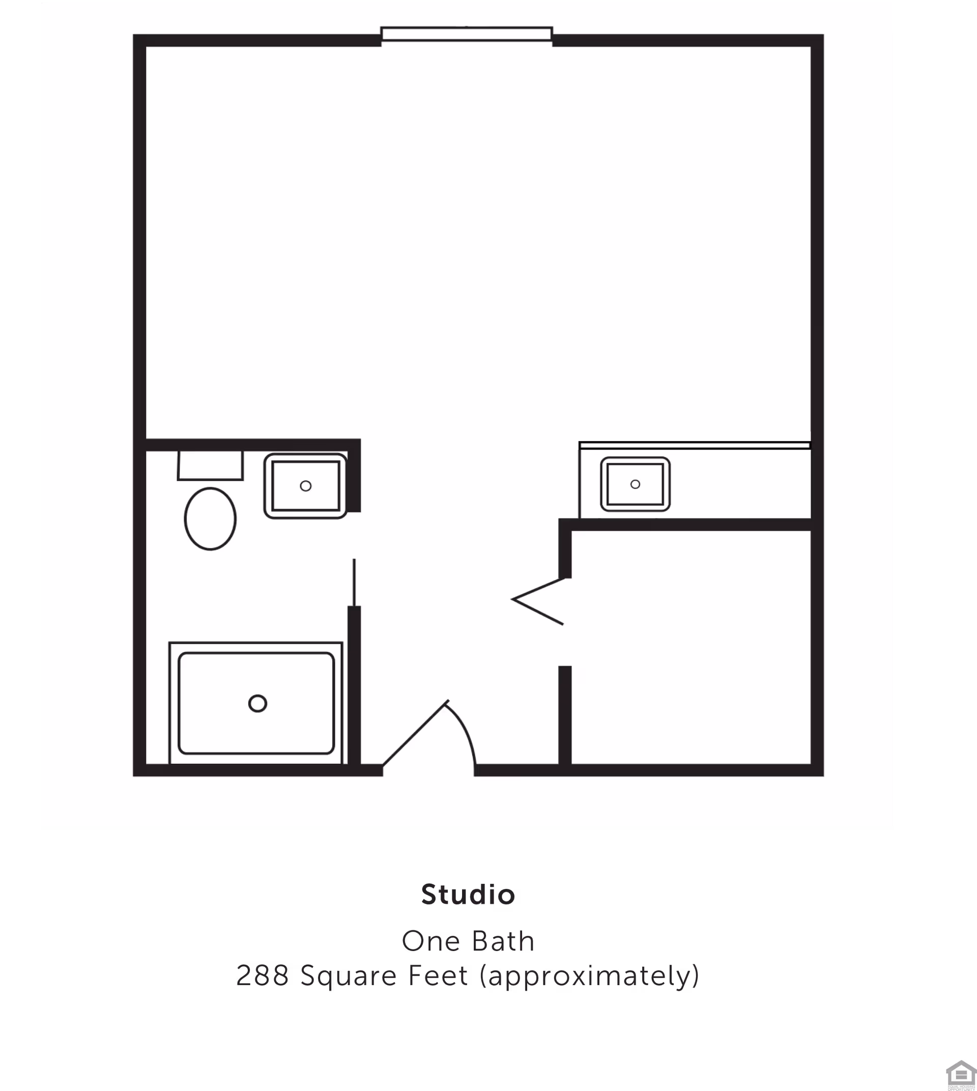 Black-and-white floor plan of a studio apartment showing a main room, a one-bath layout with bathtub, toilet and two sinks, and a closet.