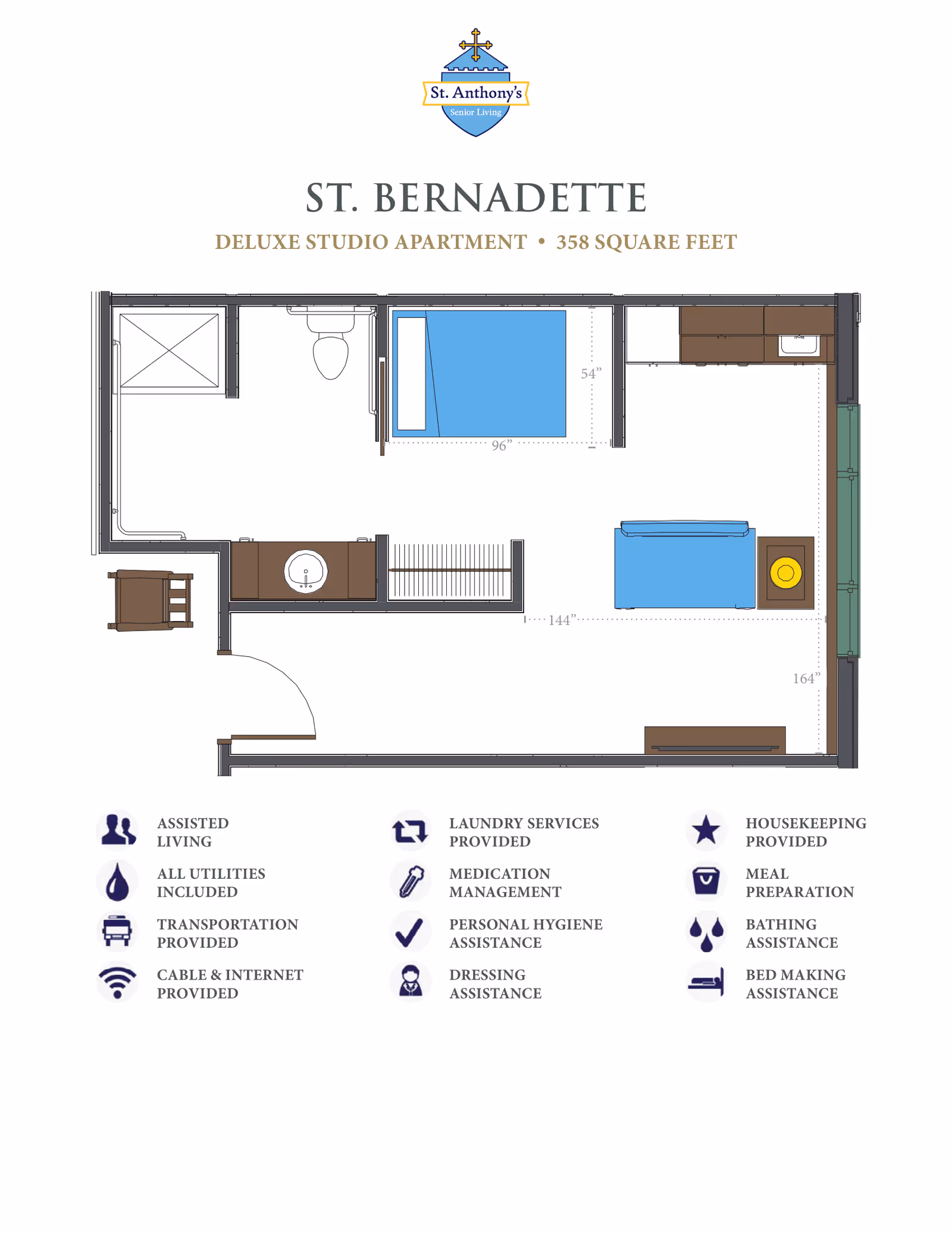 Floor plan of St. Bernadette deluxe studio apartment at St. Anthony’s Senior Living, showing a 358 square feet layout with a bed, sofa, kitchenette, bathroom with shower and toilet, sink area, and a chair near the entrance. Below the floor plan are icons and text listing services provided including assisted living, utilities, transportation, cable and internet, laundry, medication management, personal hygiene, dressing assistance, housekeeping, meal preparation, bathing assistance, and bed making assistance.