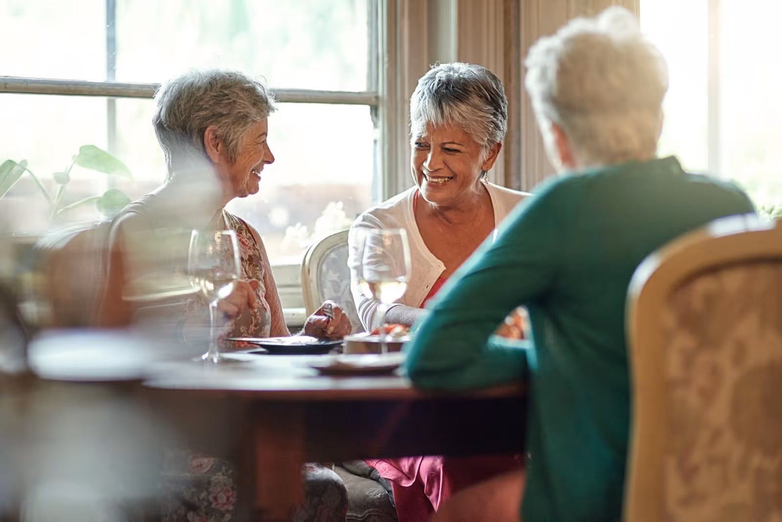 Three elderly women sitting around a dining table, smiling and engaging in conversation. There are wine glasses and plates on the table, and a large window in the background letting in natural light.