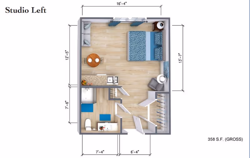 Floor plan of a studio apartment labeled Studio Left, showing a combined living and sleeping area with a bed, sofa, small dining table, kitchenette, bathroom with shower, toilet, and sink, and a closet. Dimensions are marked around the layout.