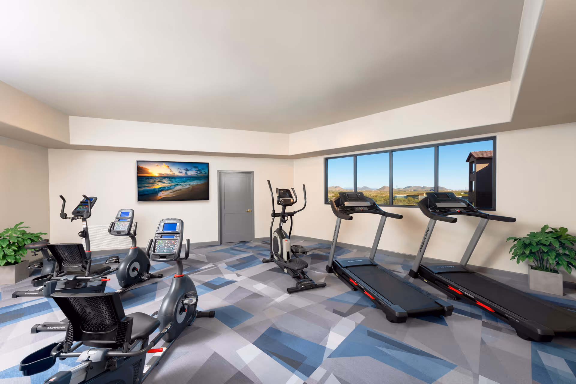 A bright fitness room with exercise equipment including two treadmills, two recumbent bikes, and an elliptical machine. The room has large windows showing a scenic outdoor view, a colorful geometric patterned carpet, a wall-mounted TV displaying a beach sunset, and two potted plants in the corners.