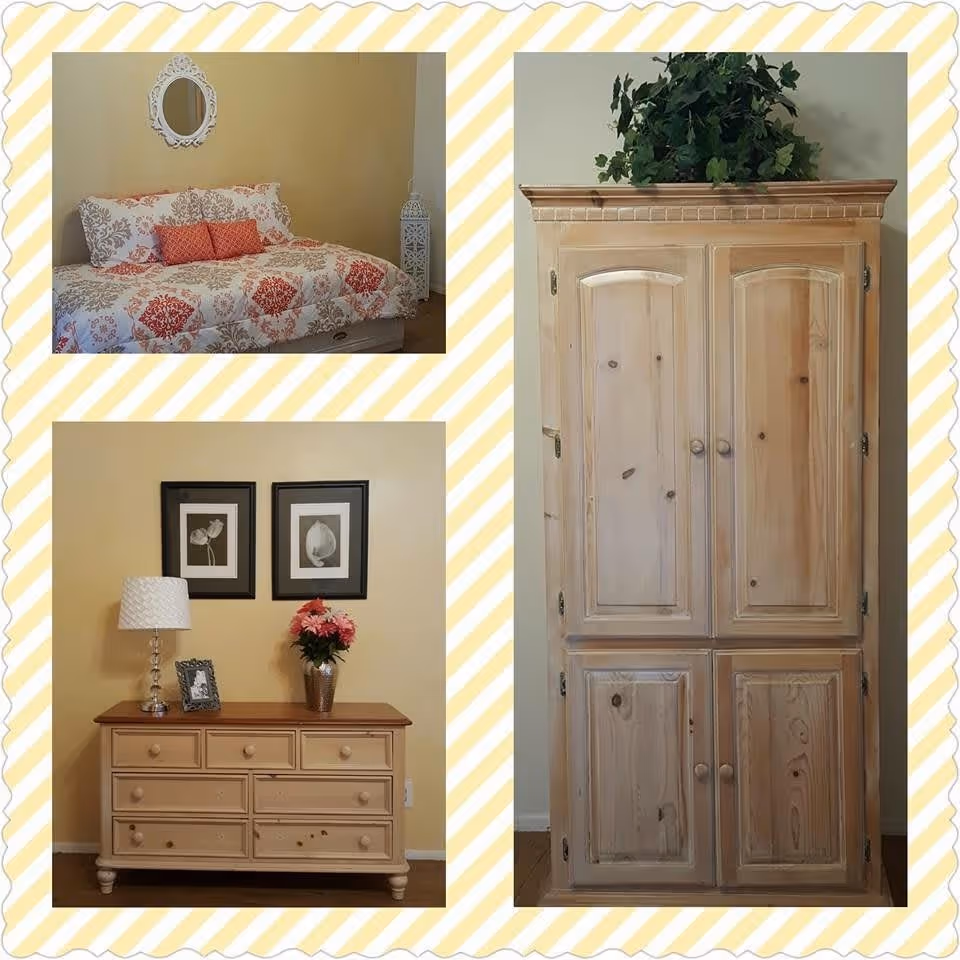 Collage-style photo of a bedroom showing a bed with patterned bedding, a dresser with lamp and flowers, and a tall wooden wardrobe against yellow walls.