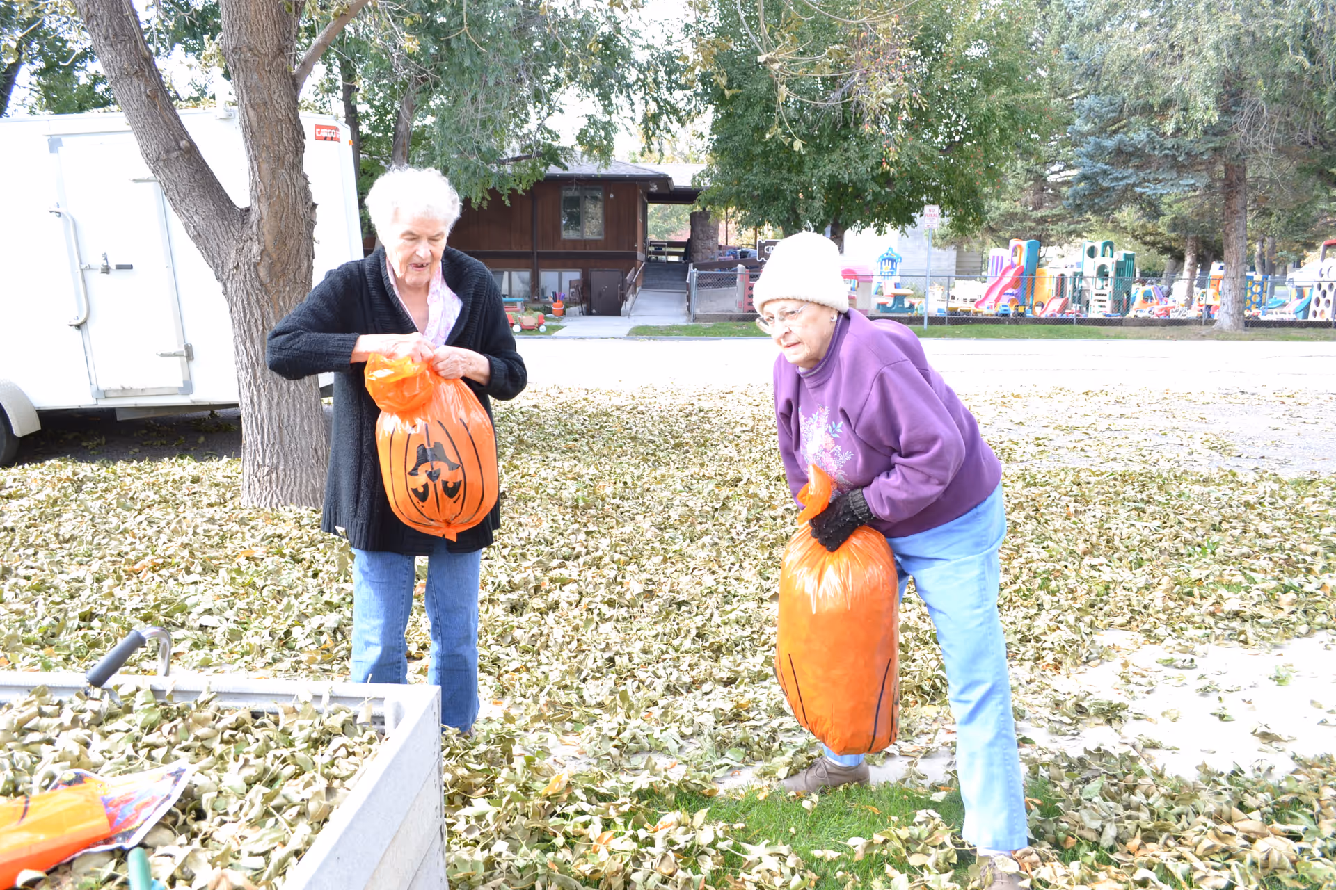 Two elderly women outdoors gathering fallen leaves into orange bags with Halloween pumpkin faces. They are surrounded by trees and a playground is visible in the background.
