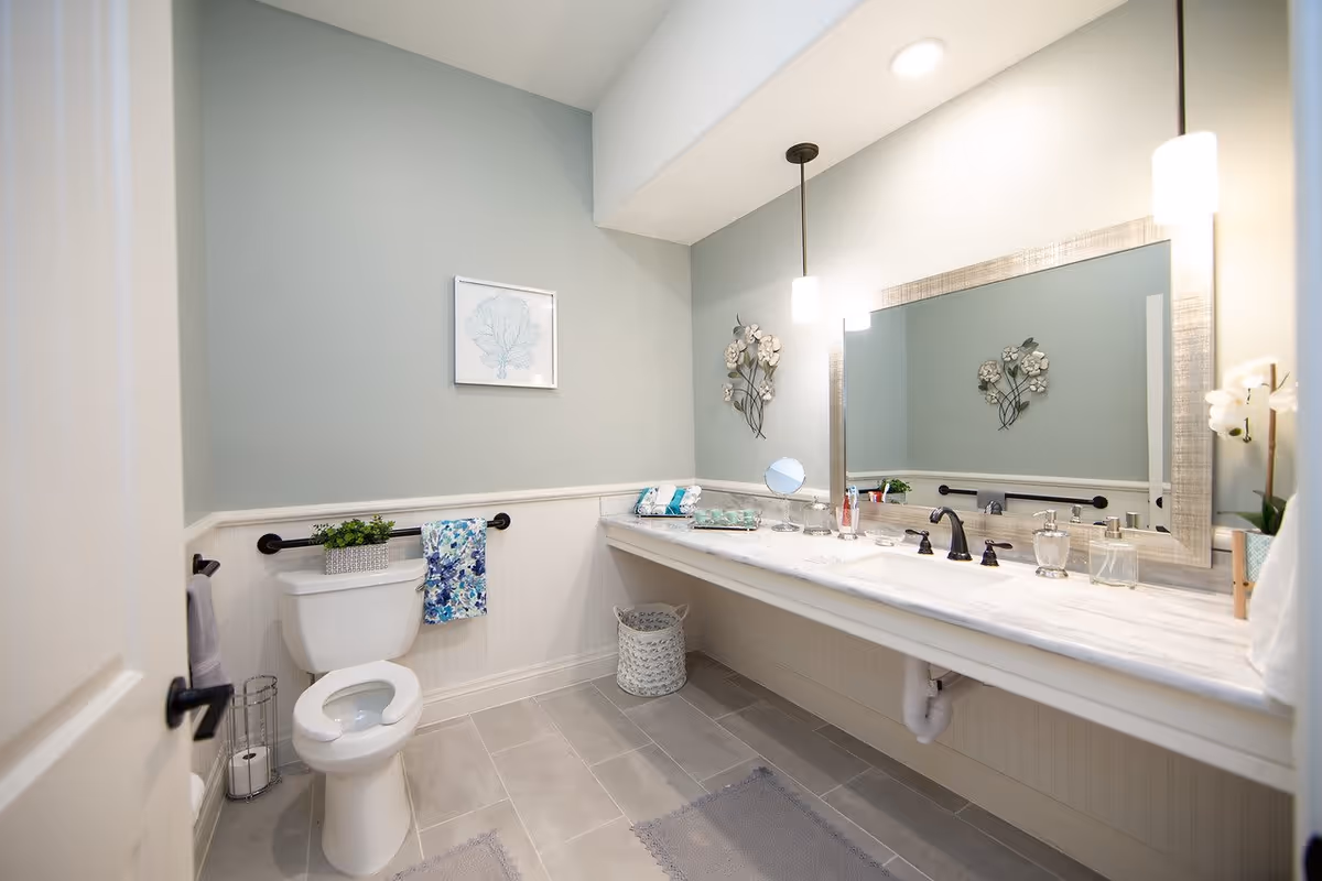 A clean and well-lit bathroom with a white toilet, a long marble countertop with a sink, a large framed mirror, and decorative items including a small plant, a floral wall decoration, and a framed picture on the wall. The walls are painted light blue with white wainscoting, and there are two pendant lights hanging above the sink area.