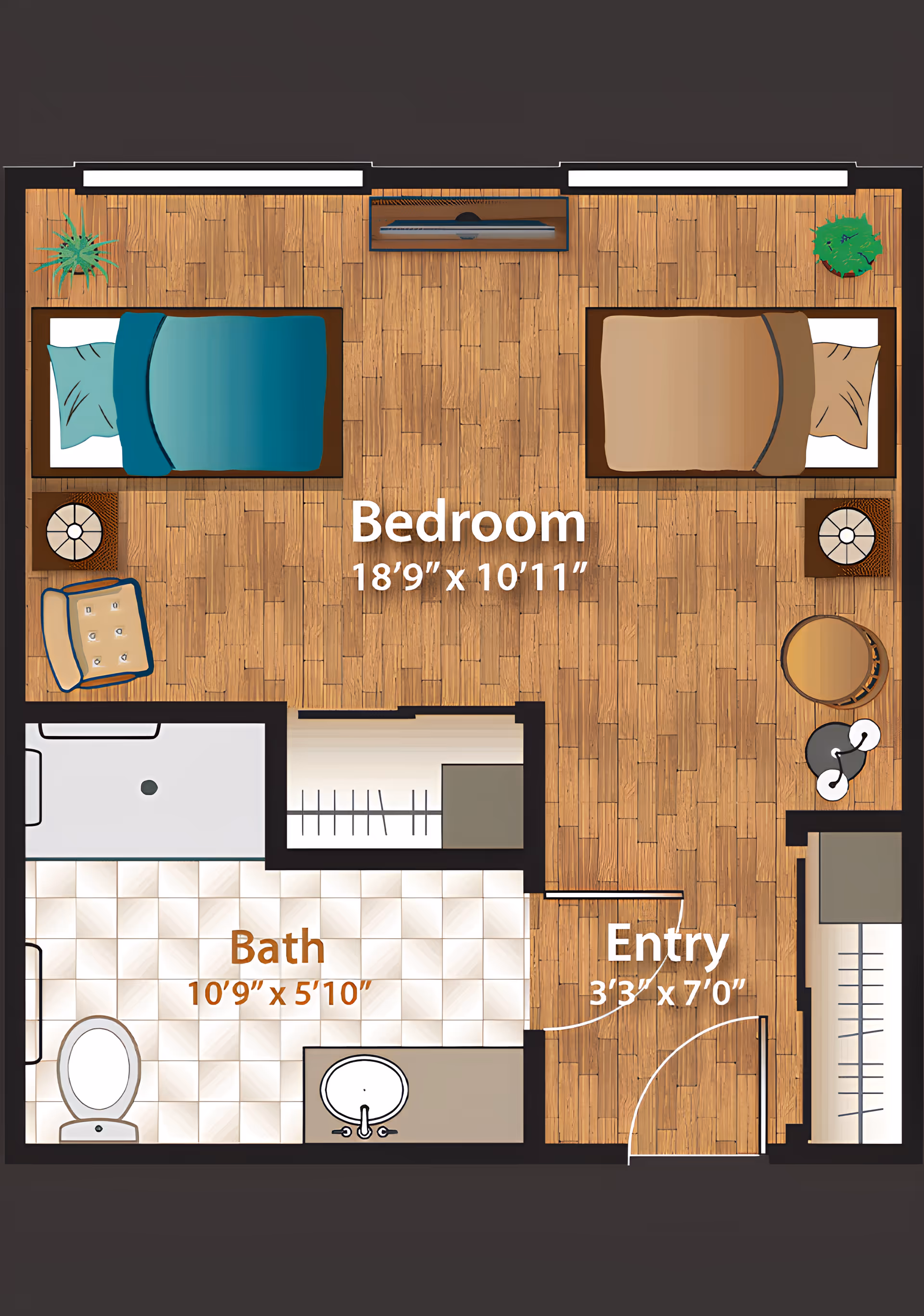 Top-down rendered floor plan of a memory-care studio showing a bedroom with two beds, TV and furniture, an adjacent bath, and an entry with dimensions.